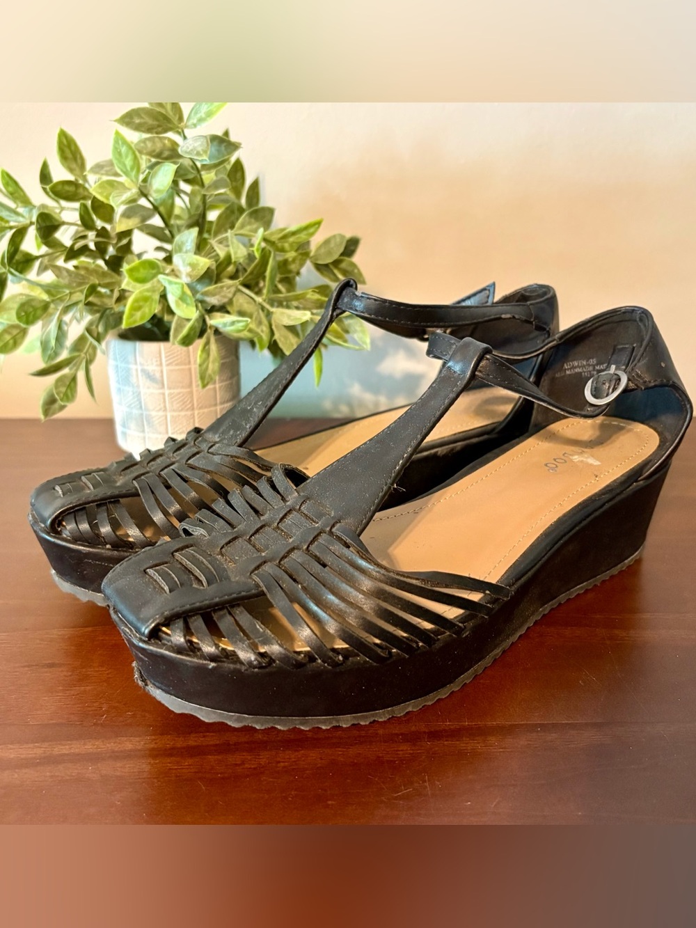 BAMBOO Black Woven T-Strap Wedge Sandals